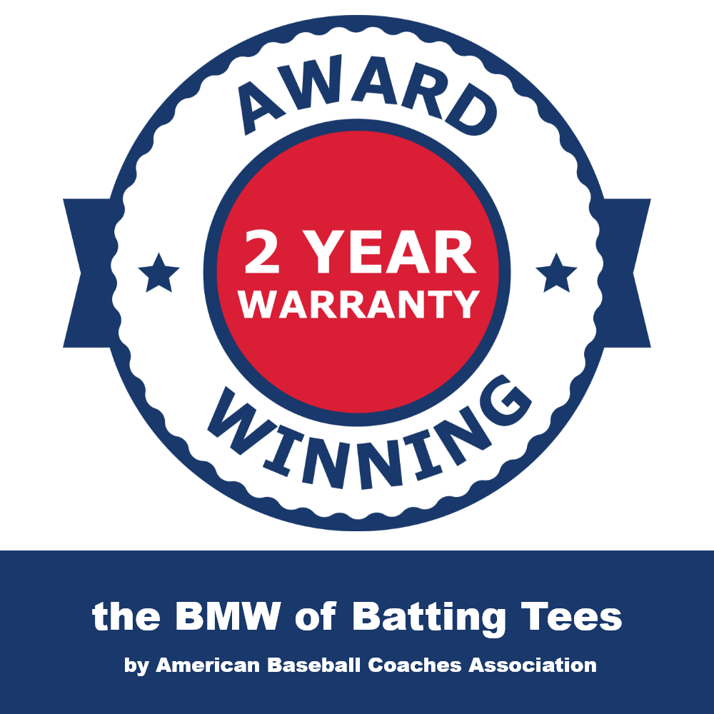 An award badge reading Award Winning, 2 Year Warranty, the BMW of Batting Tees.