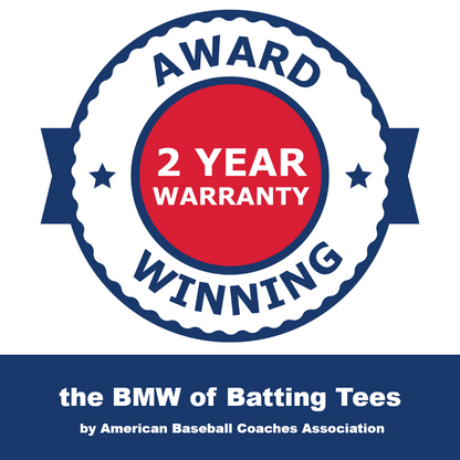 An award badge reading Award Winning, 2 Year Warranty, the BMW of Batting Tees.