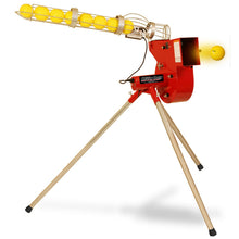 A red Heater Combo pitching machine on wooden-look tripod legs with a clear tube ball feeder full of yellow balls, one ball leaving the machine.