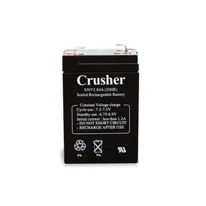 A black rectangular Crusher 6 volt rechargeable battery with white label text, on a white background.