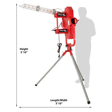 The red Deuce pitching machine beside a gray human silhouette, with measurement lines marking a height of 5 ft 10 in and a footprint of 3 ft 10 in.