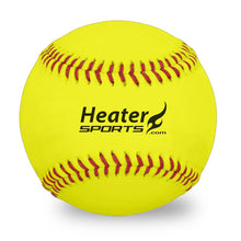 A yellow leather softball with red stitching and the black Heater Sports logo printed on the side.