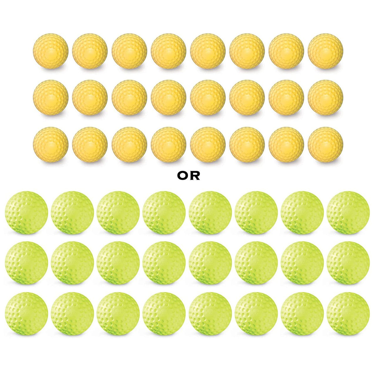 Two dozen yellow Sting-Free dimpled baseballs or two dozen yellow Sting-Free dimpled softballs, the package's ball options, photographed on a white background.