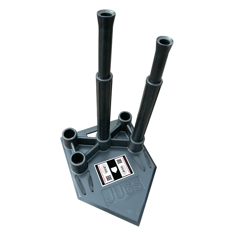 The black JUGS 5-Point Hitting Tee with its five tee positions on a home plate base, photographed on a white background.