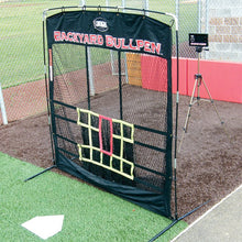 The JUGS Backyard Bullpen screen and Radar Cube on its tripod set up behind home plate.