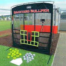 The JUGS Backyard Bullpen screen with its 12 marked target zones, Radar Cube, throw-down plate and marked training balls set up outdoors.