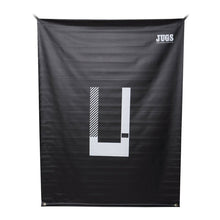 A black hanging backdrop with grommets along the top and a white U-shaped strike zone outline in the center, with a small JUGS logo in the corner, on a white background.