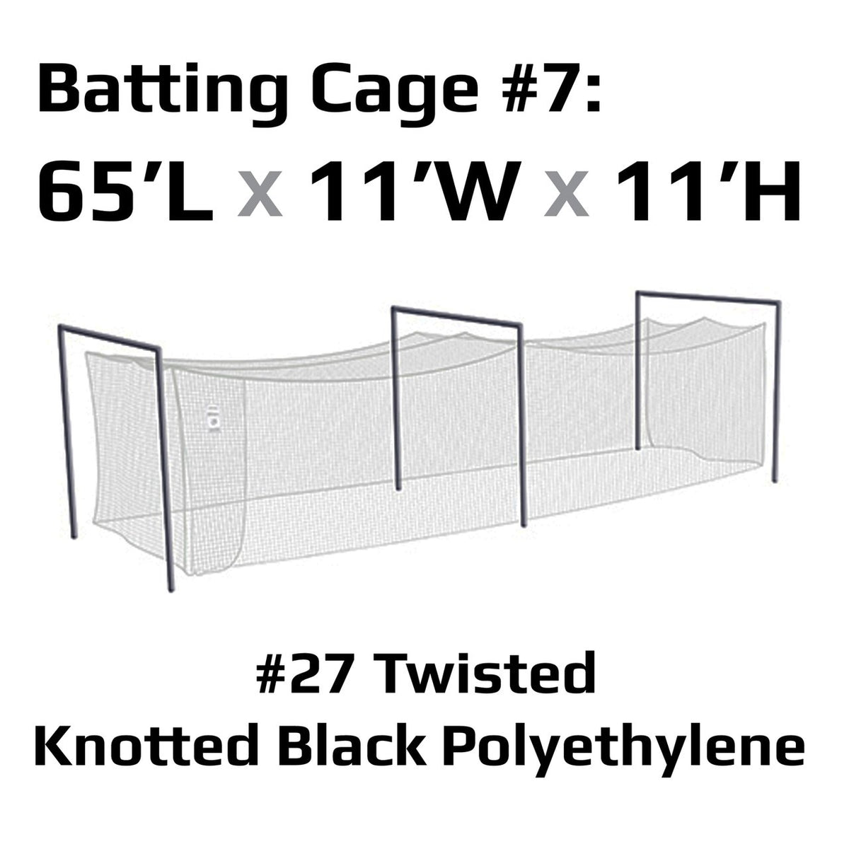 Diagram of the JUGS #7 Backyard batting cage, 65 feet long, 11 feet wide and 11 feet high, in #27 twisted knotted black polyethylene netting.