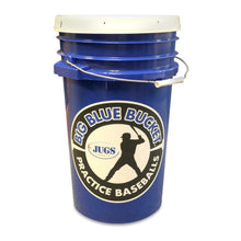 The JUGS Big Blue Bucket with lid, holding six dozen practice baseballs, photographed on a white background.