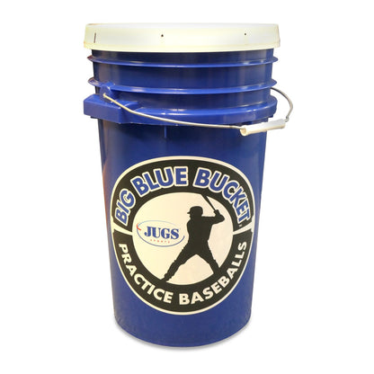The JUGS Big Blue Bucket with lid, holding six dozen practice baseballs, photographed on a white background.