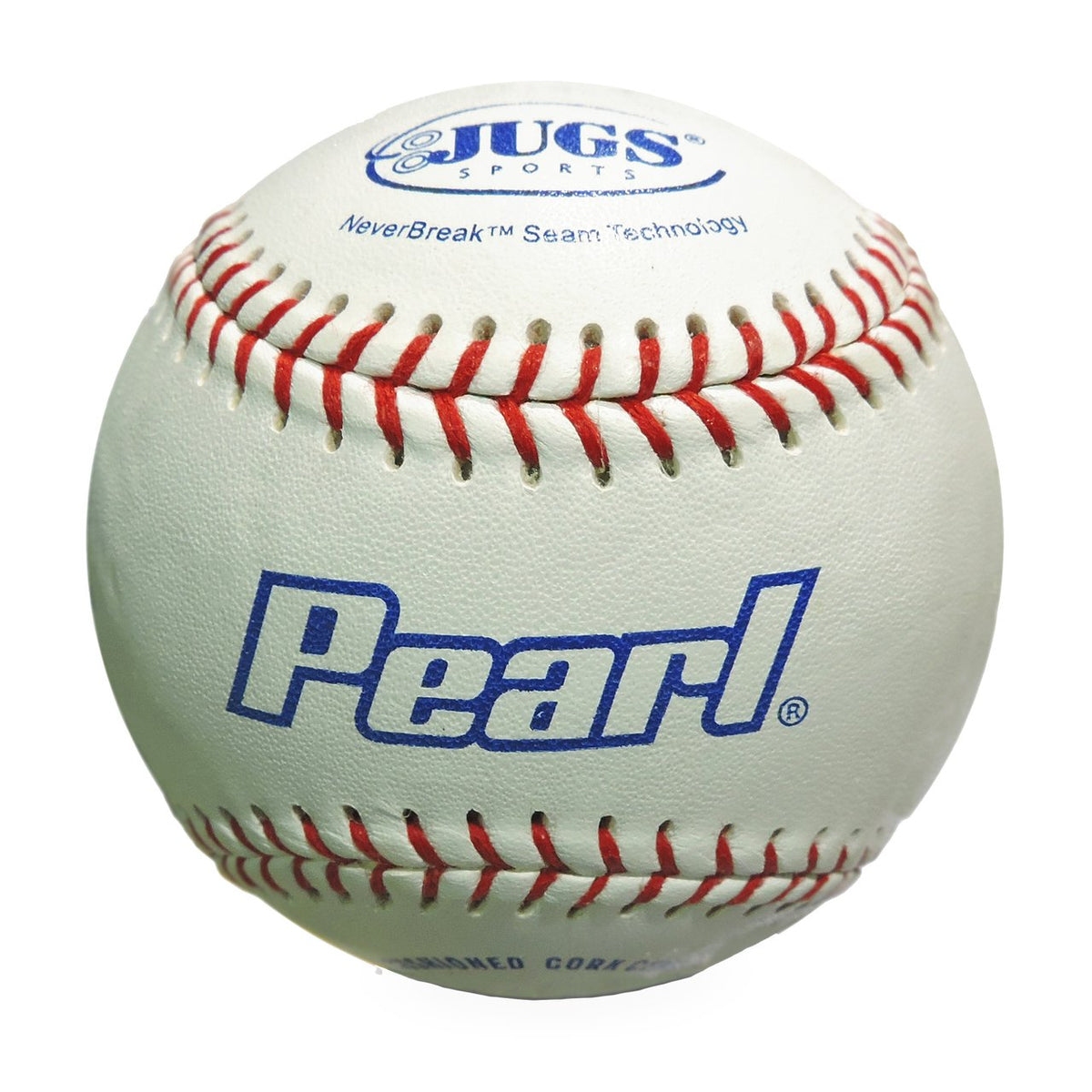 A JUGS Pearl leather practice baseball, photographed on a white background.