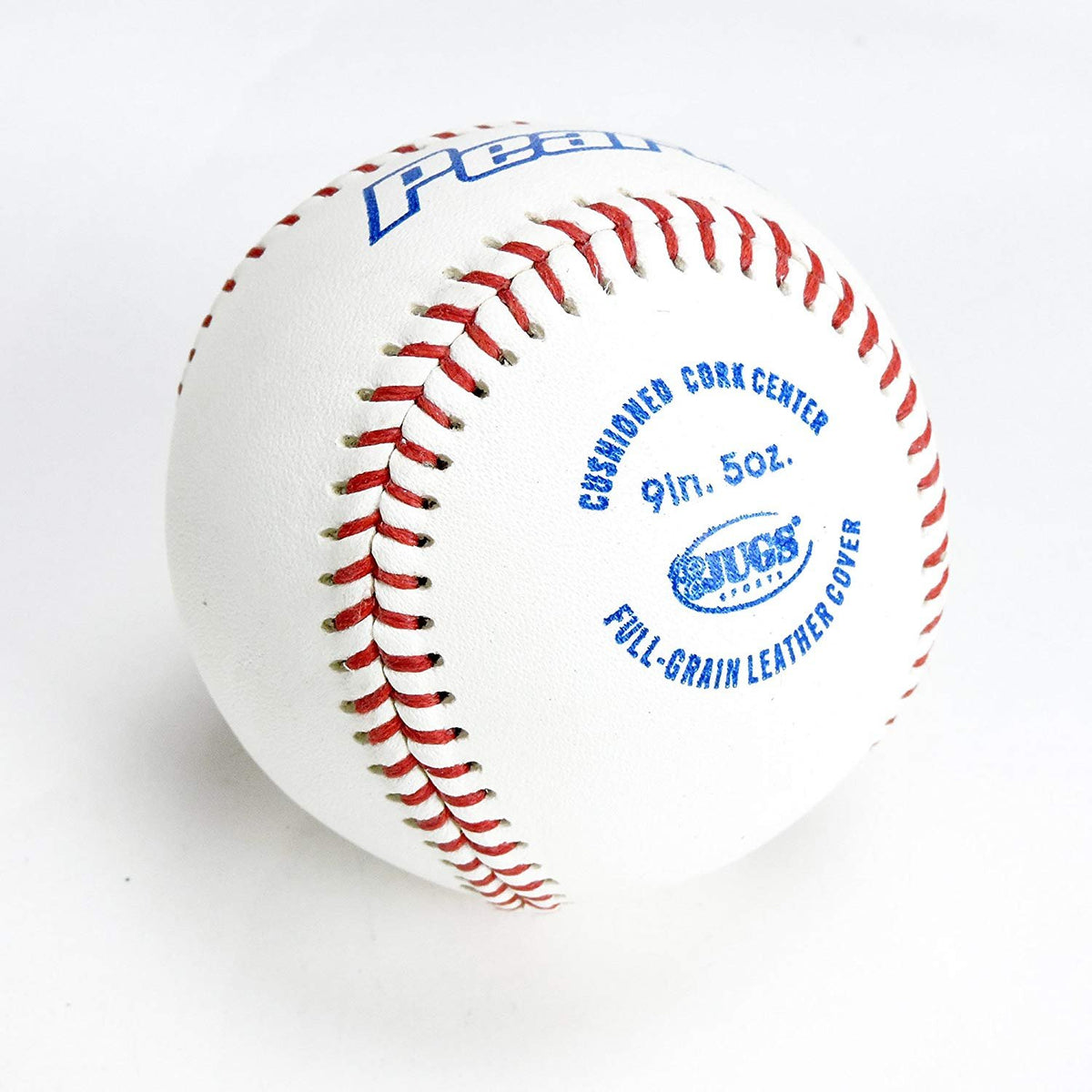 A JUGS Pearl baseball showing its cushioned cork center, 9 inch, 5 ounce stamp, photographed on a white background.