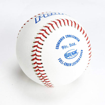 A JUGS Pearl baseball showing its cushioned cork center, 9 inch, 5 ounce stamp, photographed on a white background.