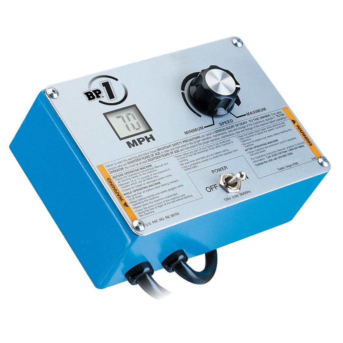 A light blue JUGS BP1 control box with a digital speed readout showing 70 MPH and a black speed dial, on a white background.