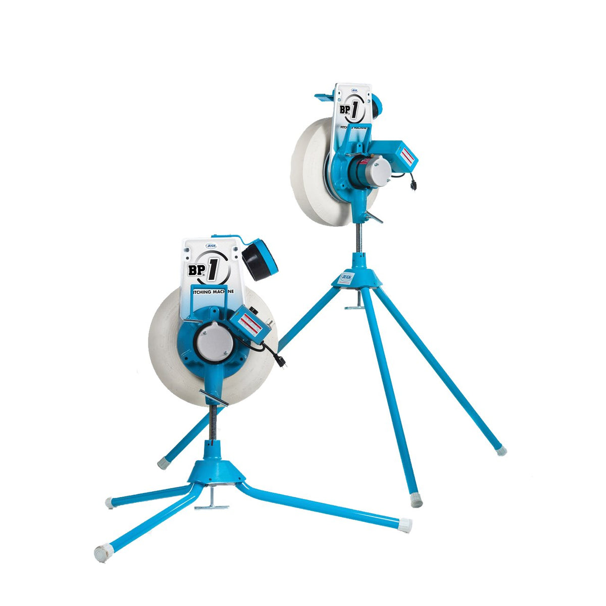 Two light blue JUGS BP1 pitching machines on tripod legs, one set low and one set tall, each with a white wheel and black ball chute, on a white background.