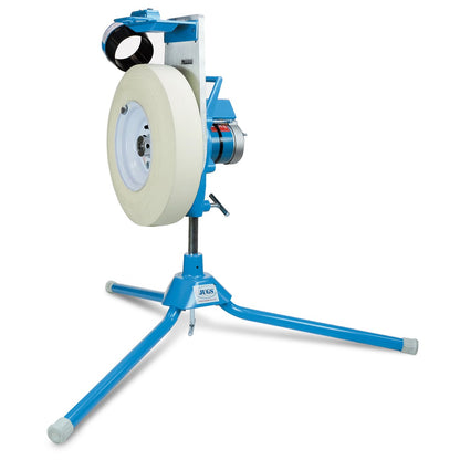 A light blue JUGS BP1 pitching machine raised on tall tripod legs, shown from the wheel side on a white background.