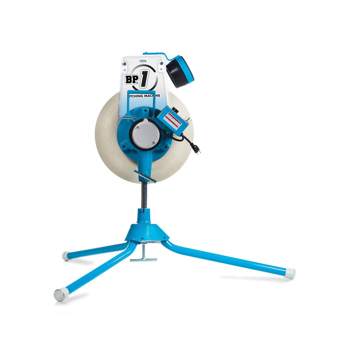 A light blue JUGS BP1 pitching machine with a white pneumatic wheel and black ball chute, standing on three light blue tripod legs, photographed on a white background.