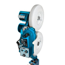 The light blue JUGS BP2 two-wheel baseball pitching machine with two white wheels stacked vertically above the control box, photographed on a white background.