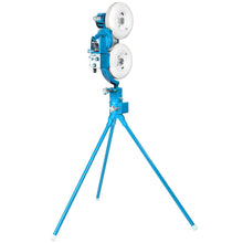 Full view of the JUGS BP2 baseball pitching machine standing on its tall light blue tripod legs, photographed on a white background.