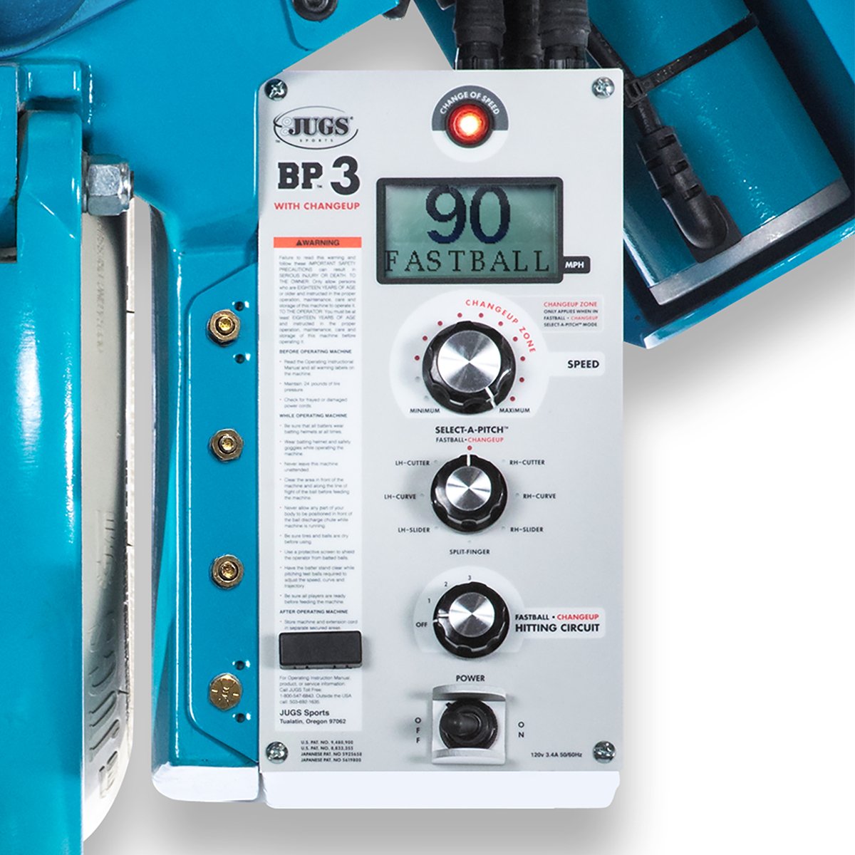 Close-up of the JUGS BP3 control panel with a large digital readout showing 90 fastball, a speed dial and Select-A-Pitch dial.
