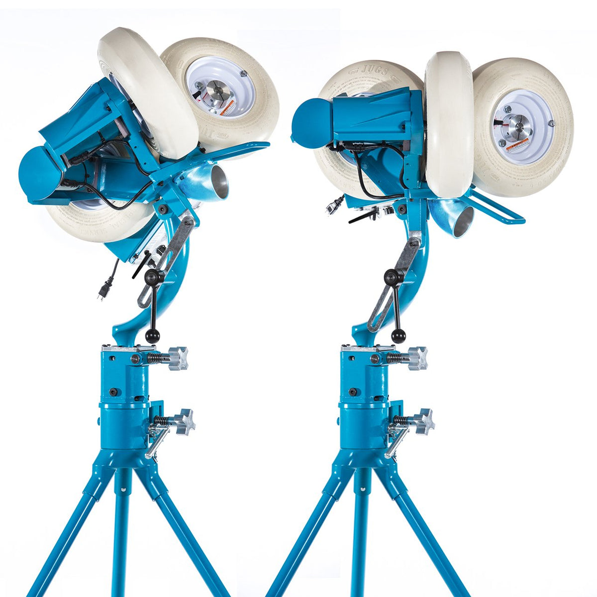 Two JUGS BP3 baseball pitching machines side by side, one tilted up for fly balls and pop-ups and one aimed level, photographed on a white background.