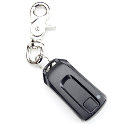 The handheld wireless remote for the JUGS BP3 with a metal clip and key ring, photographed on a white background.