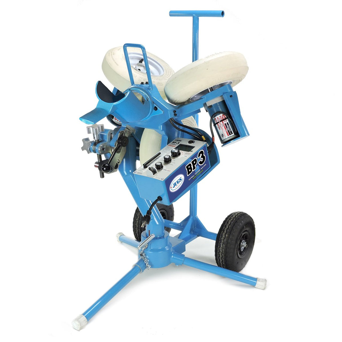 The light blue JUGS BP3 three-wheel softball pitching machine with long feed chute mounted on its transport cart with two black wheels and a handle, photographed on a white background.
