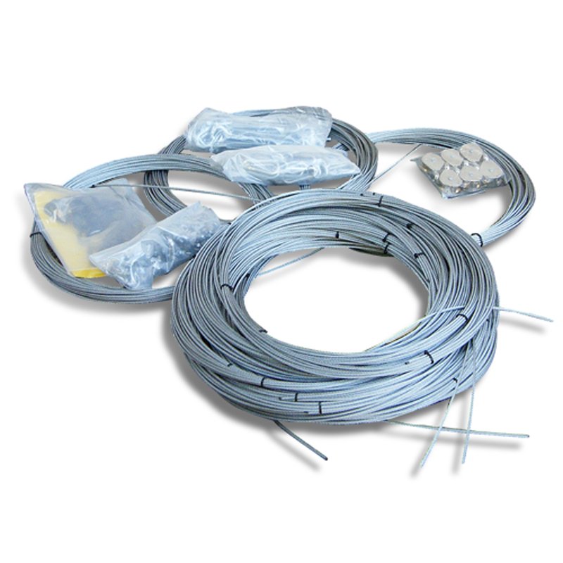The JUGS Ceiling Installation Kit with coiled aircraft cable, snap rings, pulleys and hardware, photographed on a white background.