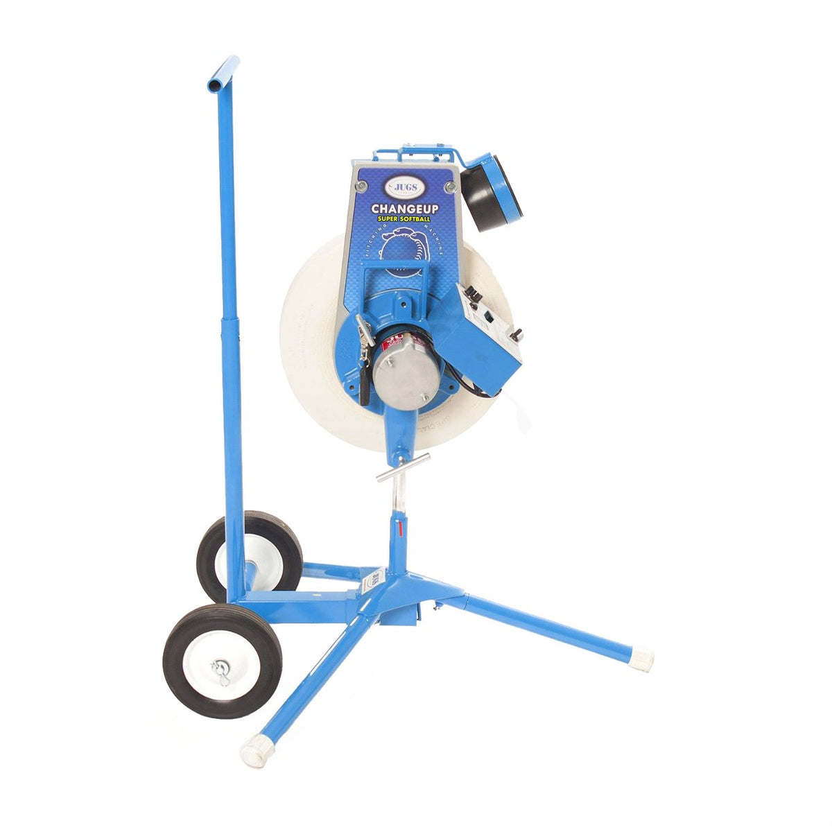 A rear angle of the JUGS Changeup Super Softball pitching machine on its two-wheel transport cart, showing the motor housing behind the white wheel, on a white background.