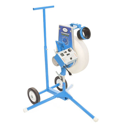 A light blue JUGS Changeup Super Softball pitching machine with a white wheel and control panel, mounted on a two-wheel transport cart with a T-handle, on a white background.