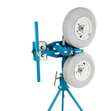 The light blue JUGS Combo two-wheel pitching machine with two white wheels stacked vertically on a light blue base, photographed on a white background.