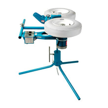The JUGS Combo pitching machine with its two white wheels set horizontally on a short three-leg base, photographed on a white background.