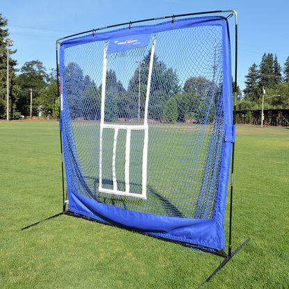 The JUGS Complete Practice Travel Screen with its flip-over strike zone set up on a grass field.