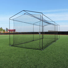 The JUGS Free-Standing 35-Foot Batting Cage set up on an artificial turf field.
