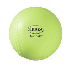 A bright yellow practice softball with molded seams and a black JUGS Lite-Flite logo, on a white background.