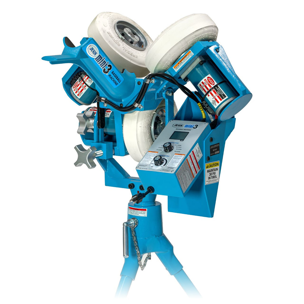 The light blue JUGS mini3 three-wheel baseball pitching machine with three white wheels, black hitter's eye ball chute and control panel on a tripod base, photographed on a white background.