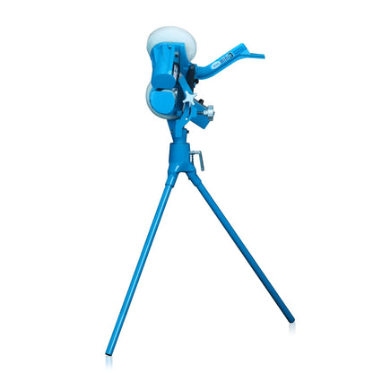 Side view of the JUGS mini3 baseball pitching machine on its tripod legs with the ball chute angled up, photographed on a white background.