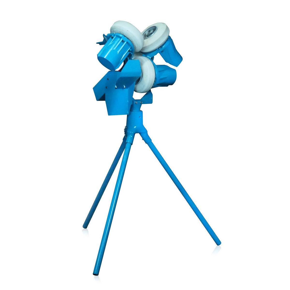 Three-quarter view of the JUGS mini3 baseball pitching machine on its tall light blue tripod legs, photographed on a white background.