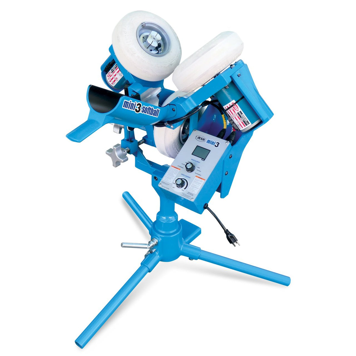 The light blue JUGS mini3 three-wheel softball pitching machine with a black ball chute and control panel on a short three-leg base, photographed on a white background.