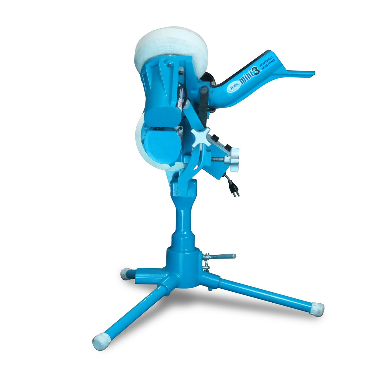 Side view of the JUGS mini3 softball pitching machine on its short three-leg base, photographed on a white background.