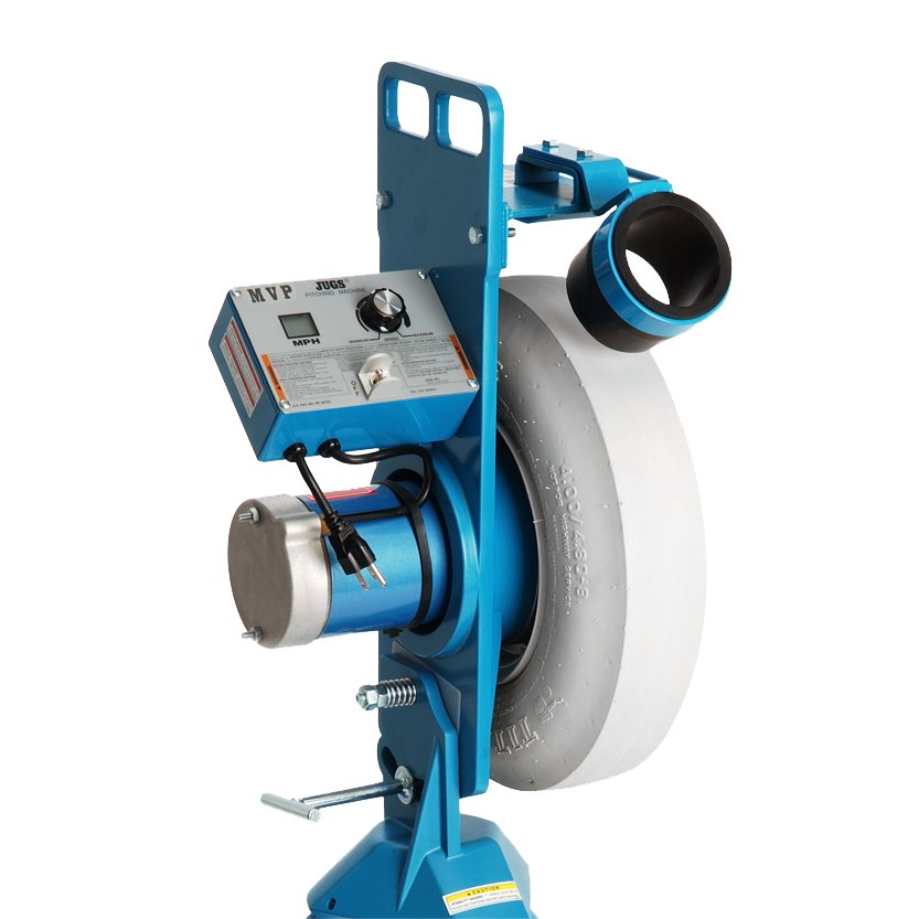 A close-up of a light blue JUGS MVP pitching machine with a black ball chute, control knob and white wheel, on a white background.