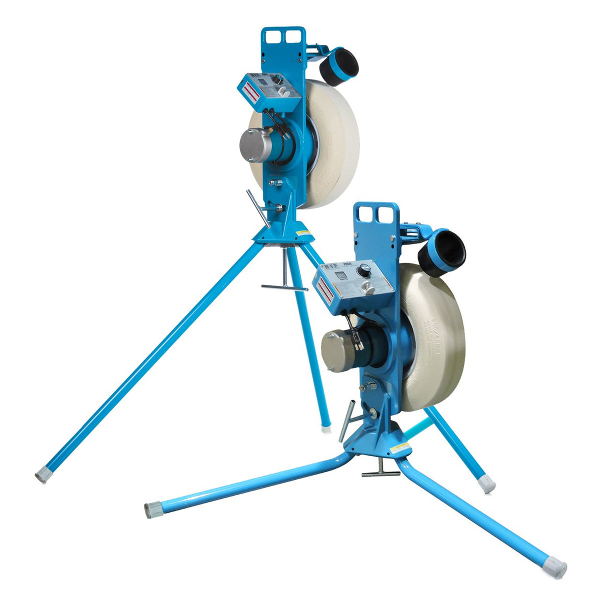 Two light blue JUGS MVP pitching machines on tripod legs, one set high and one set low, on a white background.