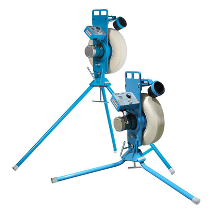 Two light blue JUGS MVP pitching machines on tripod legs, one set high and one set low, on a white background.