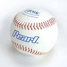 A white leather baseball with red stitching and a blue Pearl logo under a JUGS logo, on a white background.
