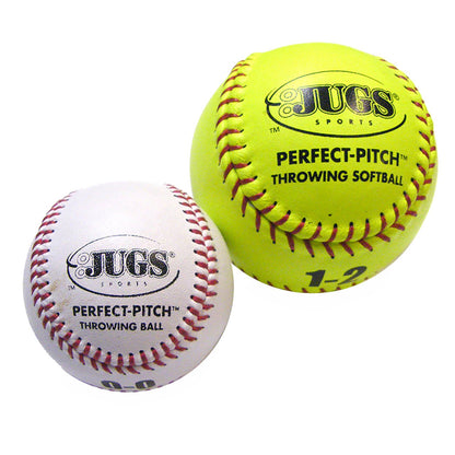 A JUGS Perfect Pitch throwing baseball marked 0-0 beside a Perfect Pitch softball, photographed on a white background.