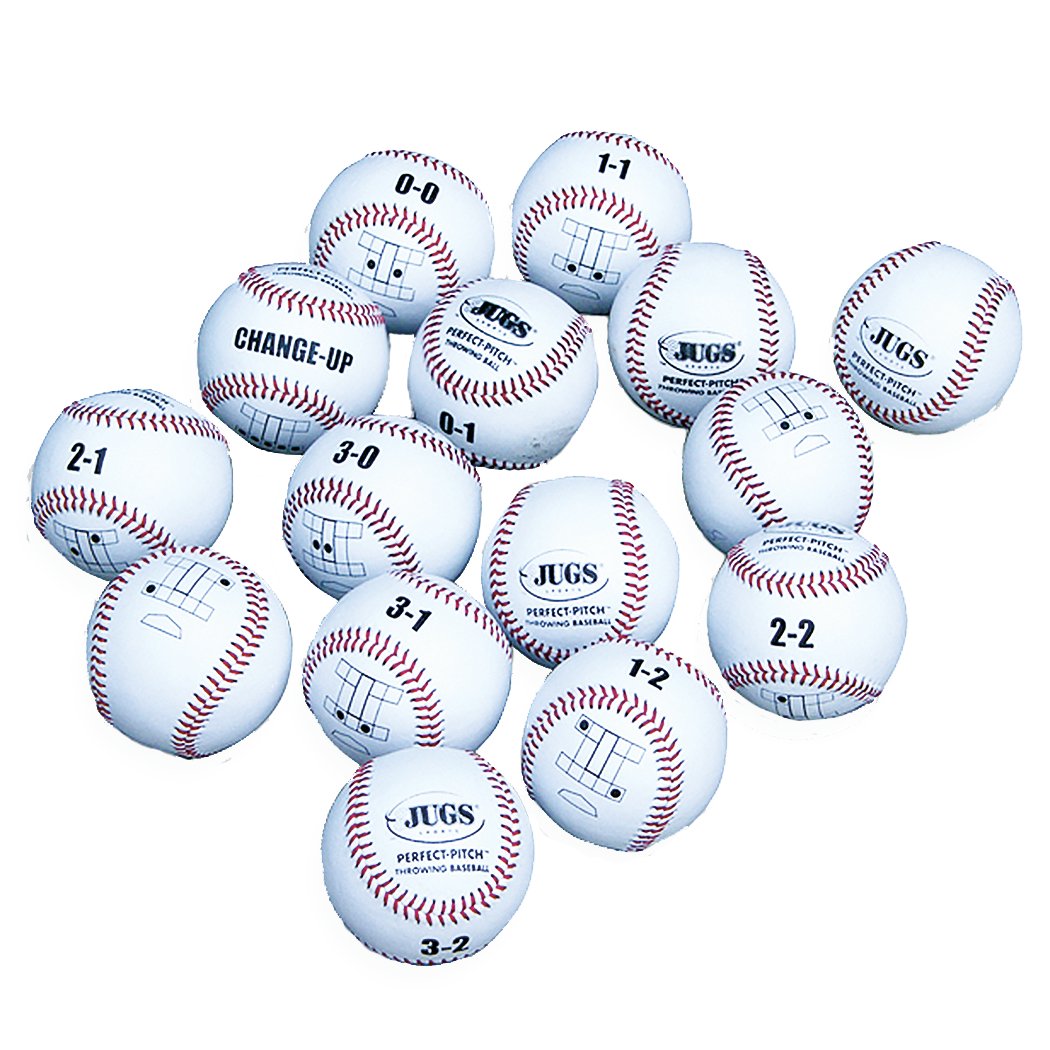 A set of 15 JUGS Perfect Pitch baseballs marked with counts, pitch types and target zones, photographed on a white background.
