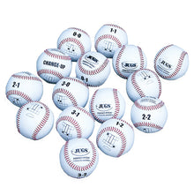 A set of 15 JUGS Perfect Pitch baseballs marked with counts, pitch types and target zones, photographed on a white background.