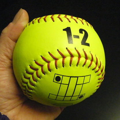 A hand holding a yellow JUGS Perfect Pitch softball marked with a 1-2 count and target zone.