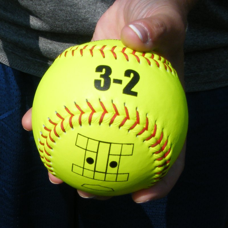 Two hands holding a yellow JUGS Perfect Pitch softball marked with a 3-2 count and target zone.