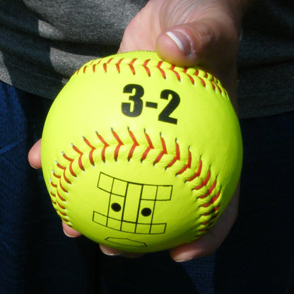 Two hands holding a yellow JUGS Perfect Pitch softball marked with a 3-2 count and target zone.